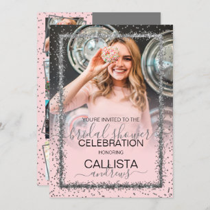 Invitación Confetti rosa de plata rosada en frontera Foto duc