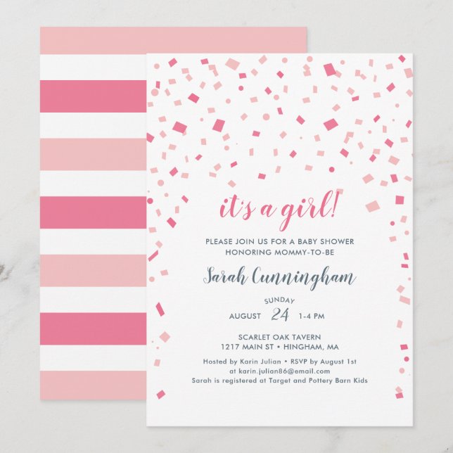 Invitación Confetti rosa Es un Baby Shower Chica (Anverso / Reverso)