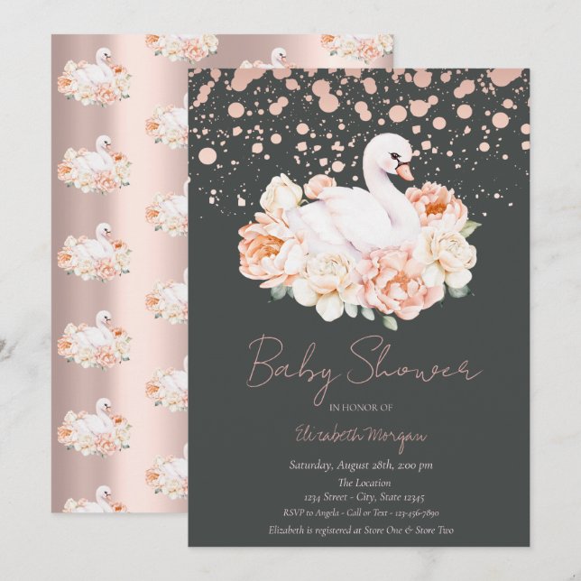 Invitación Confetti Rosa Gold Floral Baby Swan Baby Shower (Anverso / Reverso)