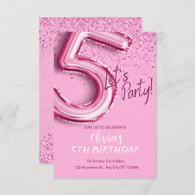 Invitación Confetti rosa moderno 5 cumpleaños (Anverso / Reverso)