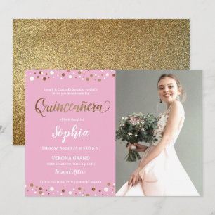 Invitación Confetti rosa y dorado Quinceanera 15 años