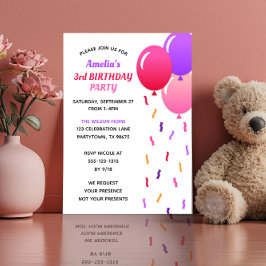 Invitación Confetti rosa y morado y globos Cumpleaños