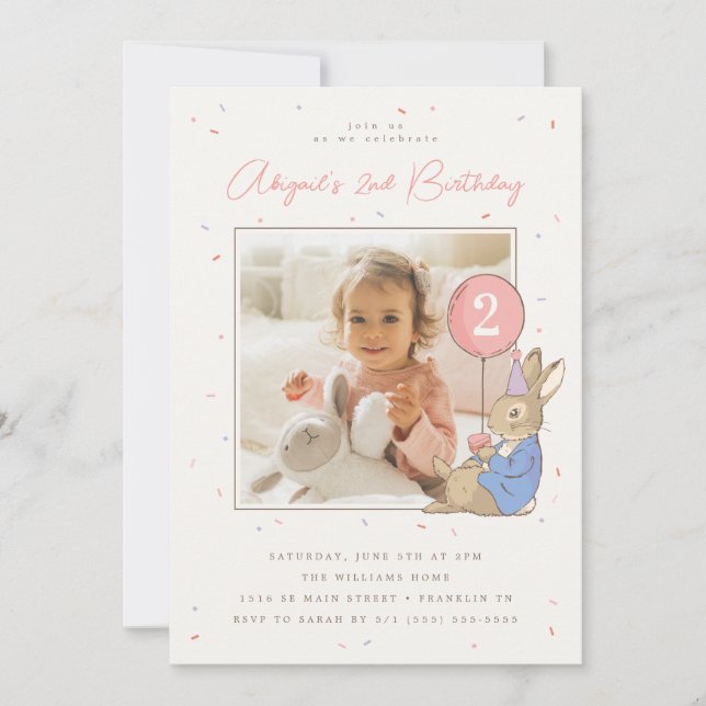 Invitación Confetti rosado de cumpleaños del Chica Peter Rabb (Anverso)