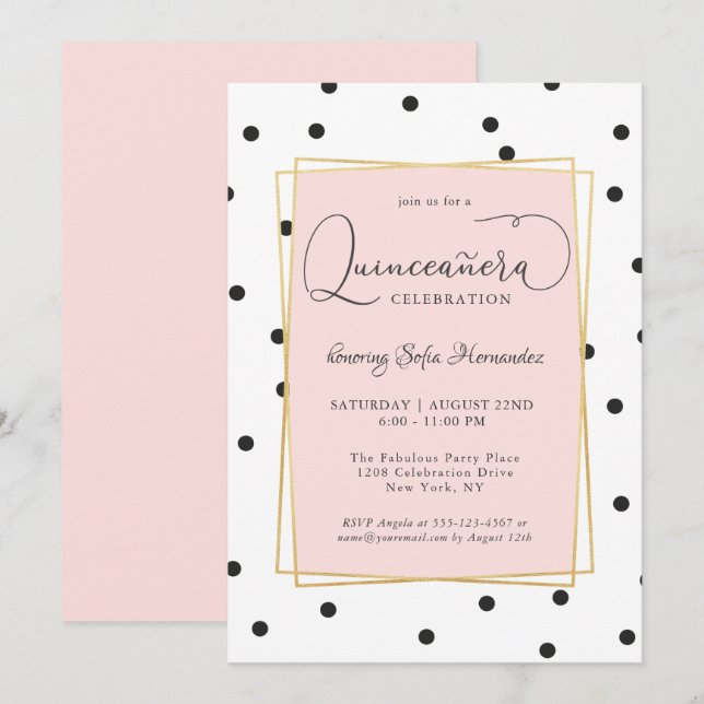 Invitación Confetti rosado negro y dorado puntos Quinceanera (Anverso / Reverso)