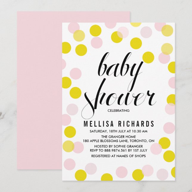 Invitación Confetti rosado y amarillo con puntos de polka Bab (Anverso / Reverso)