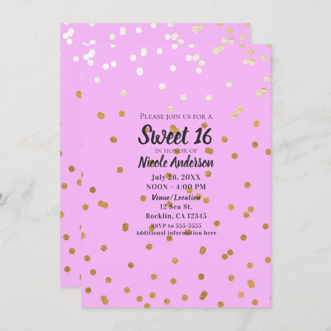Invitación Confetti rosado y dorado con glamour glam moderno (Anverso / Reverso)