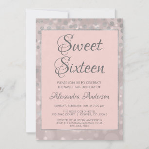 Invitación Confetti rosado y plateado de Rubor dulce 16 cumpl
