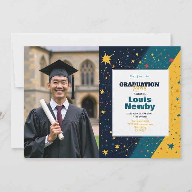 Invitación 🎓Confetti Starburst Graduation Party (Anverso)