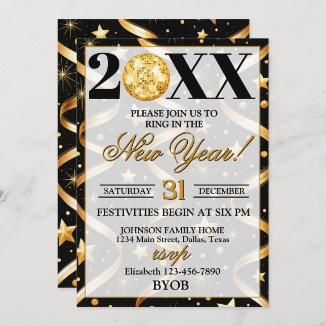 Invitación Confetti Streamers 2026 New Years Eve Party (Anverso / Reverso)