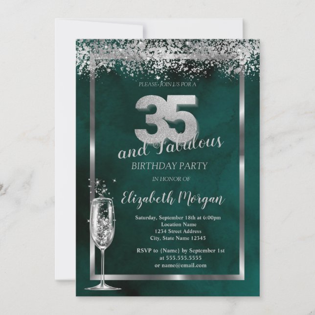 Invitación Confetti verde 35 de plata de vidrio de champagne (Anverso)