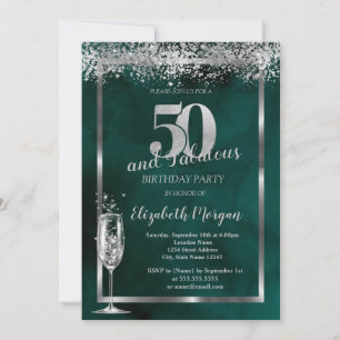 Invitación Confetti verde 50 de plata de vidrio de champagne