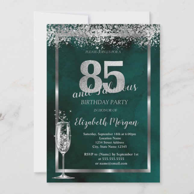 Invitación Confetti verde 85 de plata de vidrio de champagne (Anverso)