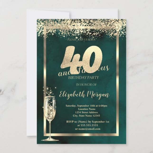 Invitación Confetti verde de oro de vidrio de champagne 40 cu (Anverso)