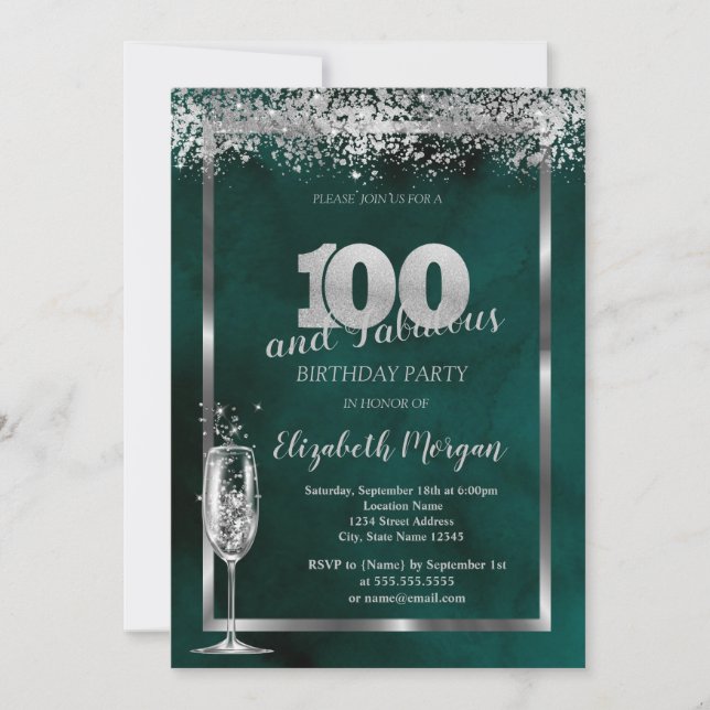 Invitación Confetti verde de plata de vidrio de champagne 100 (Anverso)