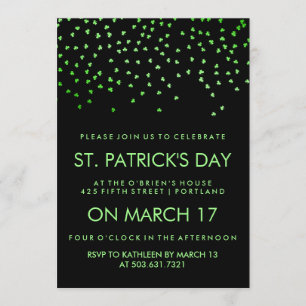 Invitación Confetti verde Shamrock en Black St Patrick's Day