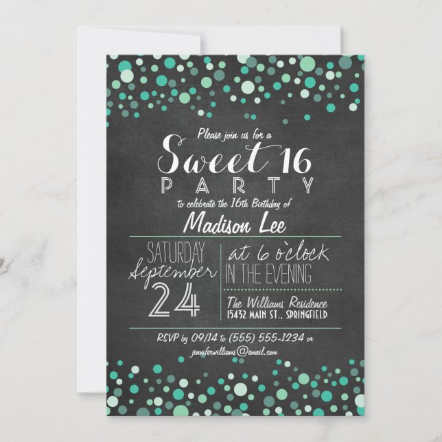 Invitación Confetti verde verde azulado Chalkboard Sweet 16 F (Anverso)