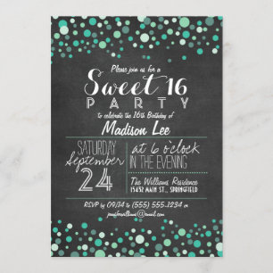 Invitación Confetti verde verde azulado Chalkboard Sweet 16 F
