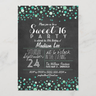Invitación Confetti verde verde azulado Chalkboard Sweet 16 F