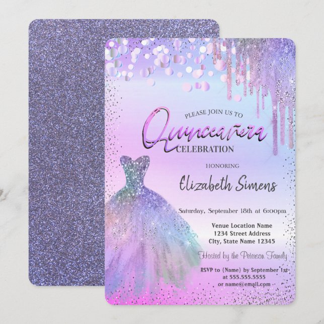 Invitación Confetti, Vestido, Purpurina violeta Quinceañera (Anverso / Reverso)