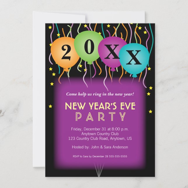 Invitación Confetti y globos, Fiesta de Año Nuevo (Anverso)