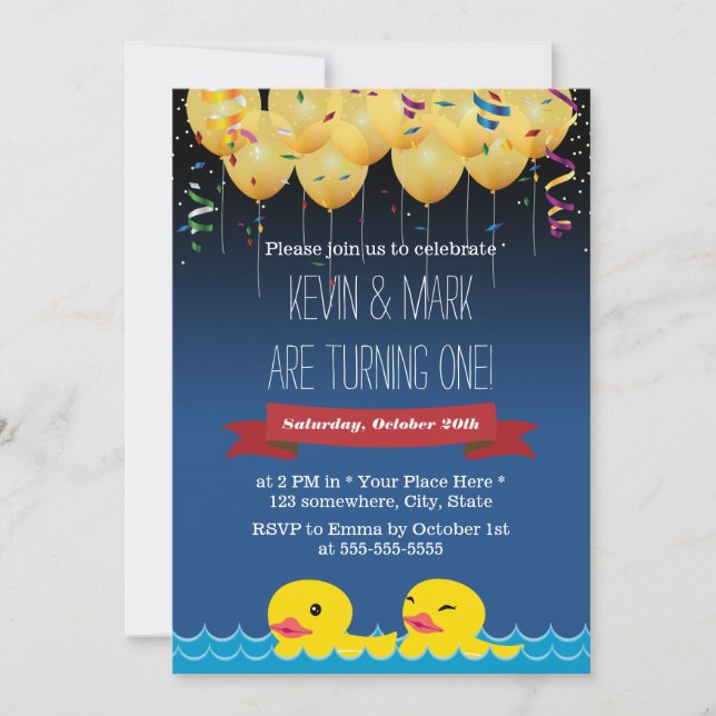 Invitación Confetti y globos y gemelos de pato cumpleaños (Anverso)