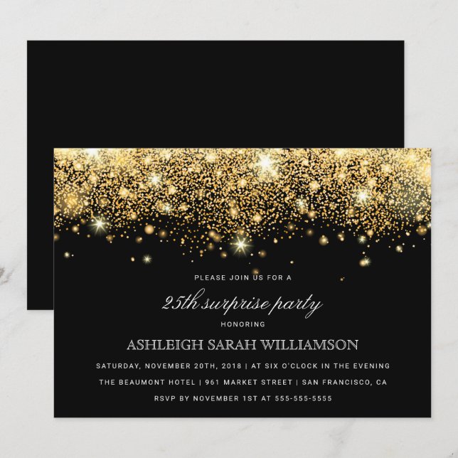 Invitación Confetti y luces Purpurina de oro | Fiesta sorpres (Anverso / Reverso)