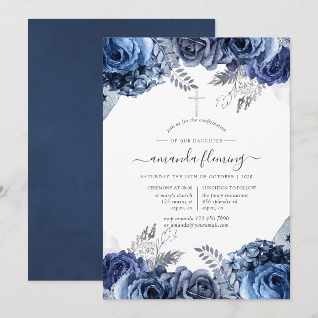 Invitación Confirma floral de Relieve metalizado plateado en  (Anverso / Reverso)