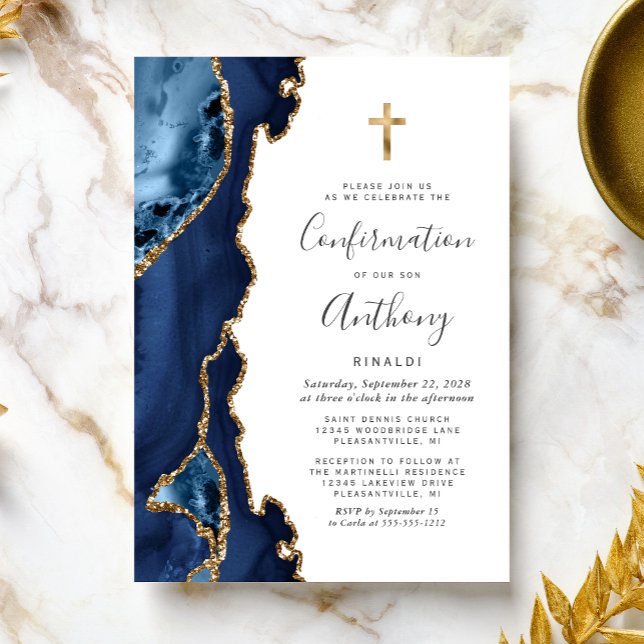 Invitación Confirmación Agate Geode Azul Dorado Brillo (Subido por el creador)