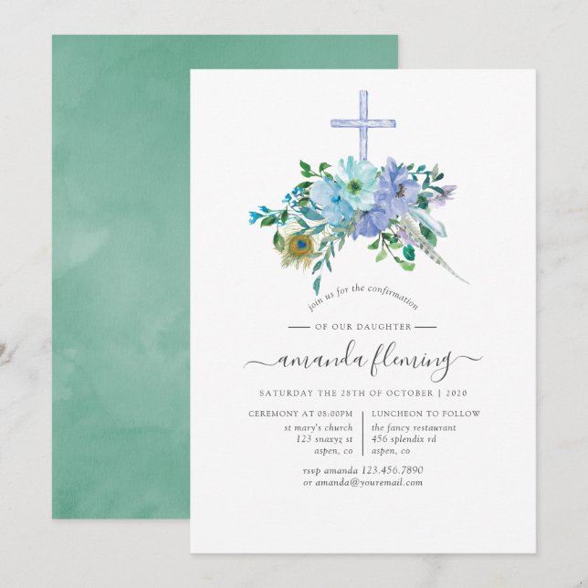 Invitación Confirmación Boho de Menta y Azul (Anverso / Reverso)