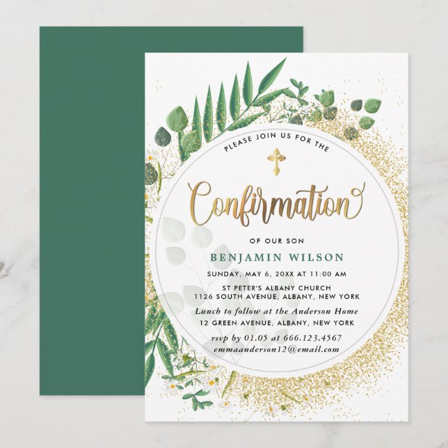 Invitación Confirmación Botánica Verde Y Oro (Anverso / Reverso)