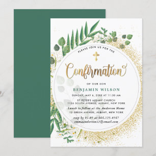 Invitación Confirmación Botánica Verde Y Oro