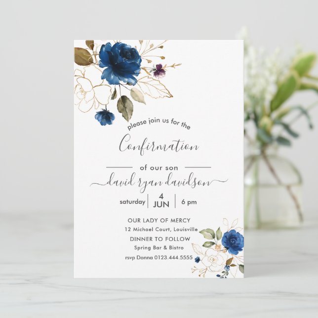 Invitación Confirmación Charm Blue Gold Flowers Boy (Anverso de pie)