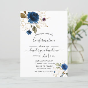 Invitación Confirmación Charm Blue Gold Flowers Boy