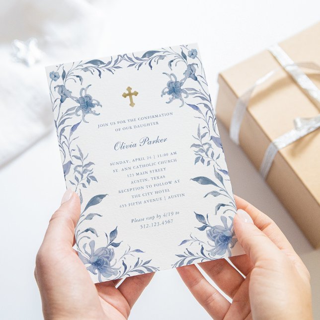 Invitación Confirmación | Chinoiserie floral azul y blanco (Subido por el creador)