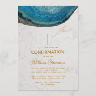 Invitación Confirmación Cruz Dorada Geoda Azul Mármol Niño