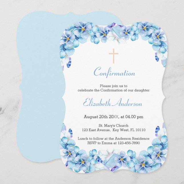 Invitación Confirmación de acuarela azul de cielo floral (Anverso / Reverso)