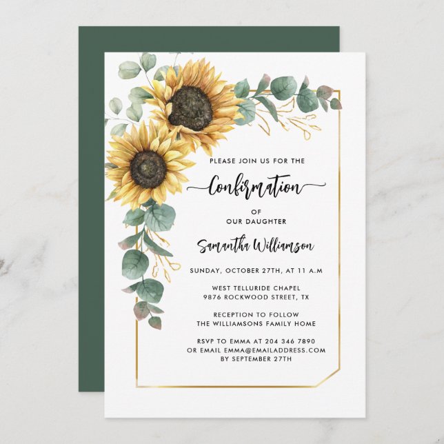 Invitación Confirmación de acuarela de girasol floral (Anverso / Reverso)