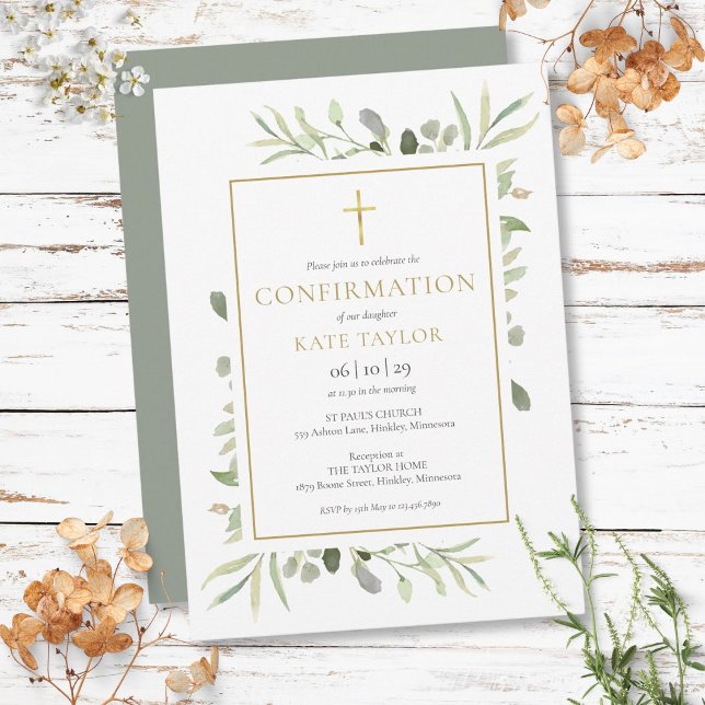 Invitación Confirmación de acuarela verde dorado (Watercolor Greenery Gold Confirmation Invitation)
