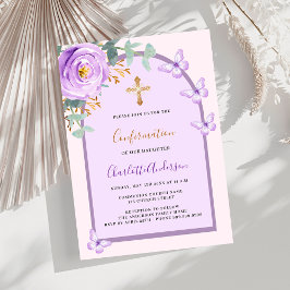 Invitación Confirmación de arco de mariposas rosadas púrpuras