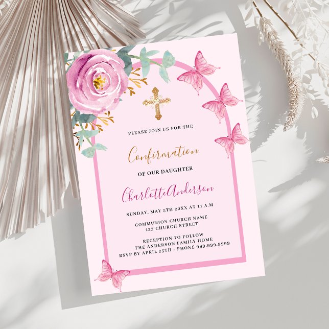 Invitación Confirmación de arco floral de mariposas rosa rosa (Subido por el creador)