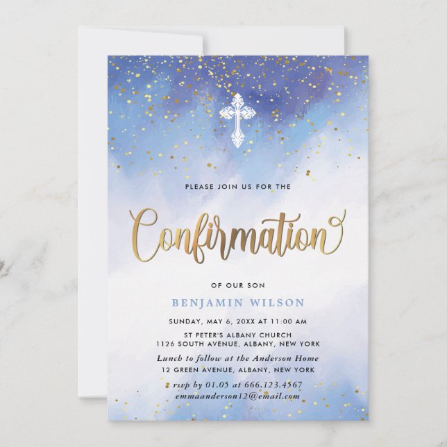 Invitación Confirmación De Blue And Gold Watercolor Boy (Anverso)