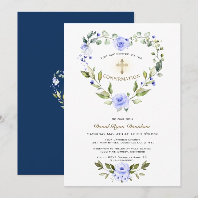 Invitación Confirmación de Blue Floral Heart Frame Cross Boy (Anverso / Reverso)