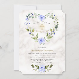 Invitación Confirmación de Blue Floral Heart Frame Marble Boy