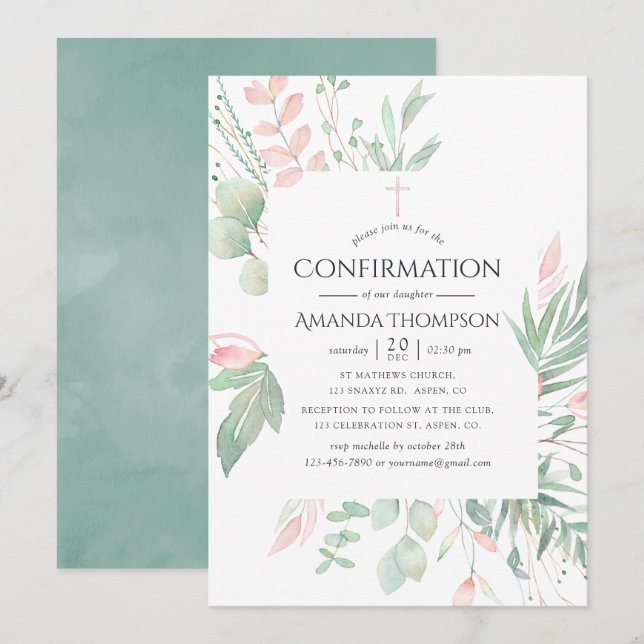 Invitación Confirmación de Blush Pastel con Verdor (Anverso / Reverso)