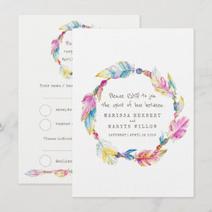 Invitación Confirmación de boda corona boho pluma nativa trib