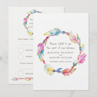 Invitación Confirmación de boda corona boho pluma nativa trib
