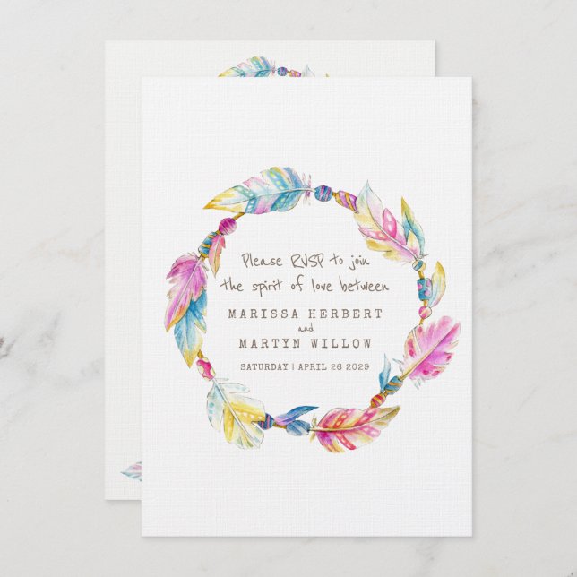 Invitación Confirmación de boda corona floral boho pluma nati (Anverso / Reverso)