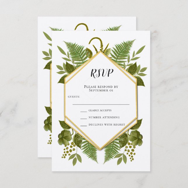 Invitación Confirmación de boda de helechos y fauna oro y ver (Anverso / Reverso)