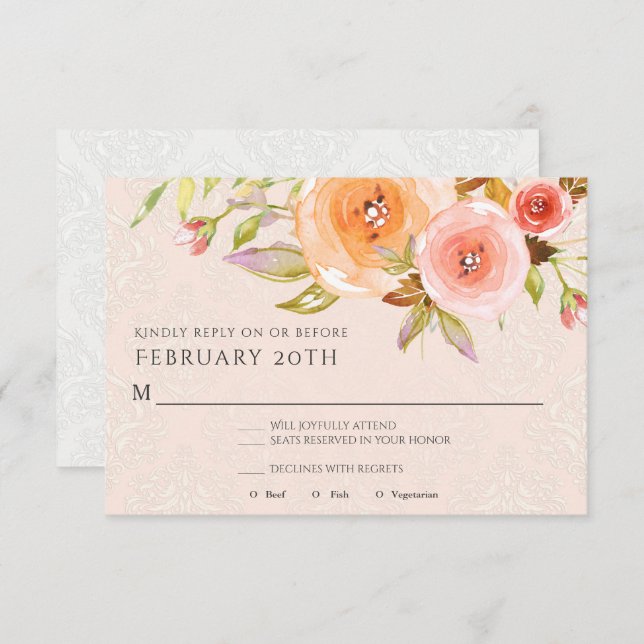 Invitación Confirmación de Boda Floral Rosa Beige Acuarela Fo (Anverso / Reverso)
