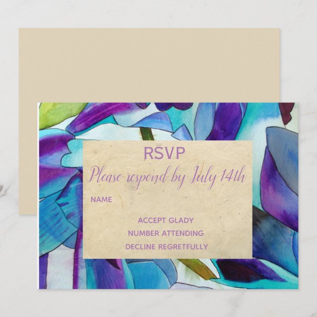 Invitación Confirmación de boda orquídeas azul púrpura arte r (Anverso / Reverso)